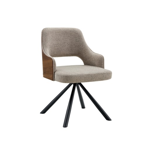 Indoor Modern Swivel Chair with Light Beige Padded Fabric Seat, Black Metal Spider Base, and Walnut Veneer Back Panel