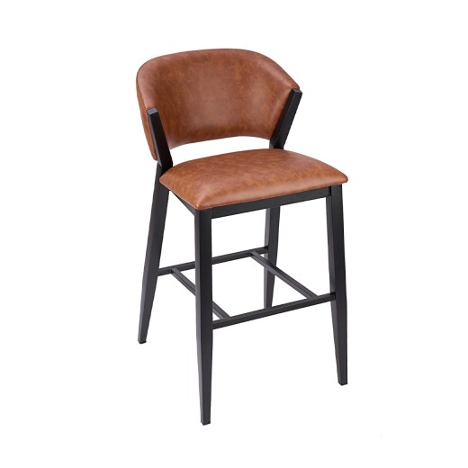 Contemporary Indoor Barstool with Brown Upholstered Seat and Back and Black Metal Frame