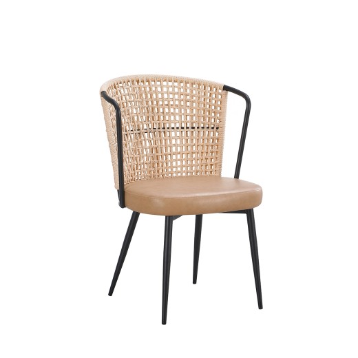 Indoor Dining Chair with Curved Woven Rattan Back, Black Metal Frame, and Tan Vinyl Cushion Seat