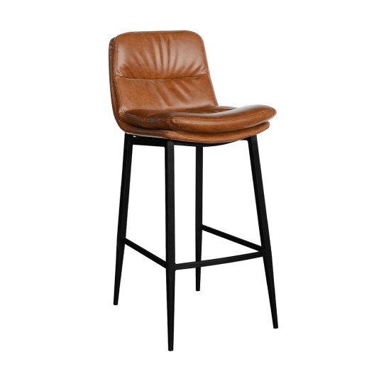 Camel Brown Barstool with Horizontal Channel Back in Vinyl Upholstery, and Black Metal Frame for Indoor