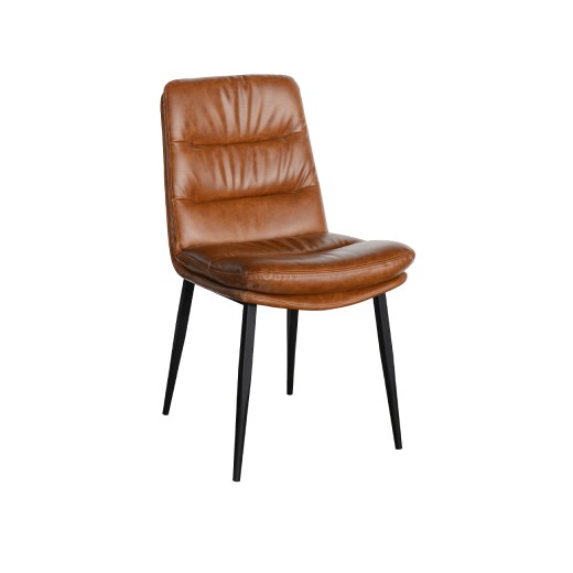 Camel Brown Chair with Horizontal Channel Back in Vinyl Upholstery, and Black Metal Frame for Indoor
