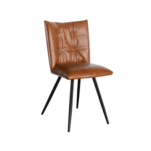 Camel Brown Chair with Square-Tufted Back in Vinyl Upholstery, and Black Metal Frame for Indoor