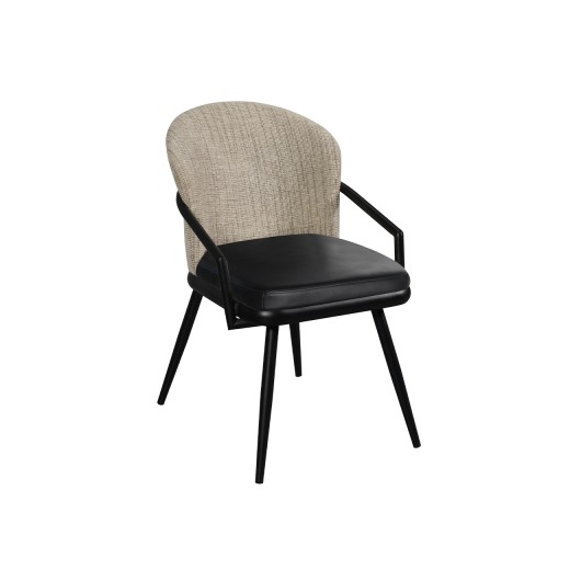 Upholstered Arm Chair with Beige Fabric Back, Black Vinyl Seat, and Metal Frame for Indoor