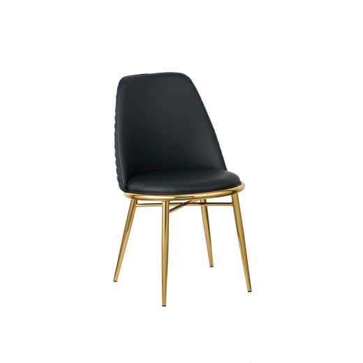 Metal Chair with Gold Frame, Black Vinyl Seat, and Quilted Backrest Design for Indoor