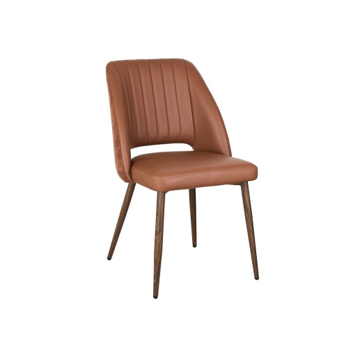 Indoor Metal Chair with Walnut Woodgrain Finish, Caramel Brown Vinyl Seat, and Vertical Stitched Back