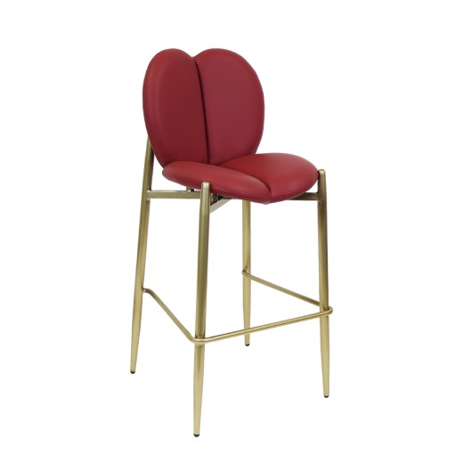 Indoor Gold Frame Barstool with Burgundy Vinyl Seat and Distinctive Petal-Shaped Backrest
