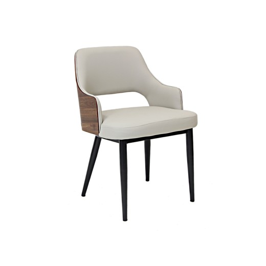 Indoor Upholstered Armchair with White Vinyl Seat and Back, Walnut Veneer Accent, and Metal Frame