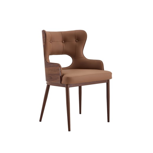 Indoor Brown Upholstered Metal Armchair with Button Tufted Back, Frame with Woodgrain Finish