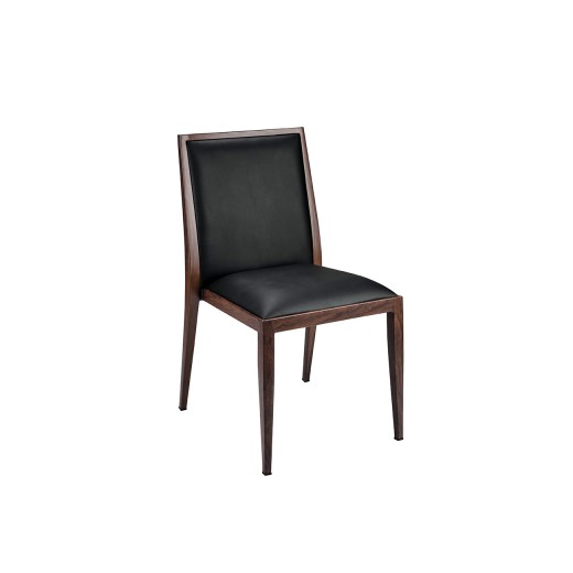 Walnut Woodgrain Metal Side Chair with Black Vinyl Seat for Indoor