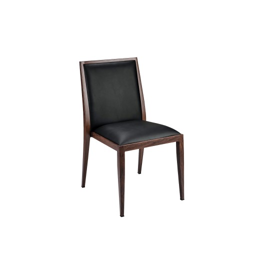 Walnut Woodgrain Metal Side Chair with Black Vinyl Seat for Indoor