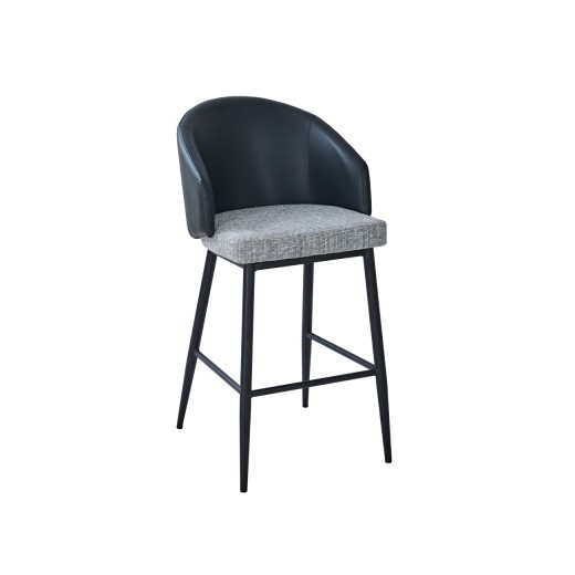 Contemporary Indoor Metal Barstool with Black Vinyl Back and Gray Fabric Seat
