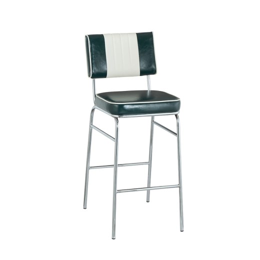 Retro 1950s Diner Style Indoor Hunter Green Metal Barstool, Two-Tone Padded Vinyl