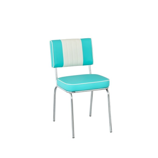 Retro 1950s Diner Style Indoor Teal Metal Chair, Two-Tone Padded Vinyl