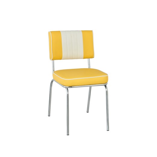 Retro 1950s Diner Style Indoor Yellow Metal Chair, Two-Tone Padded Vinyl