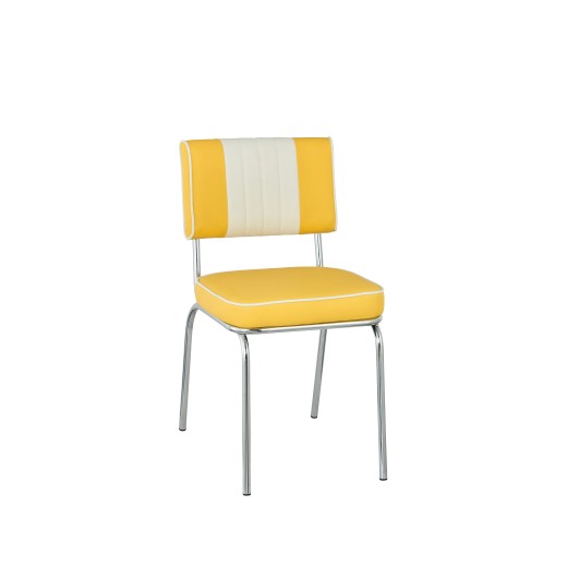 Retro 1950s Diner Style Indoor Yellow Metal Chair, Two-Tone Padded Vinyl