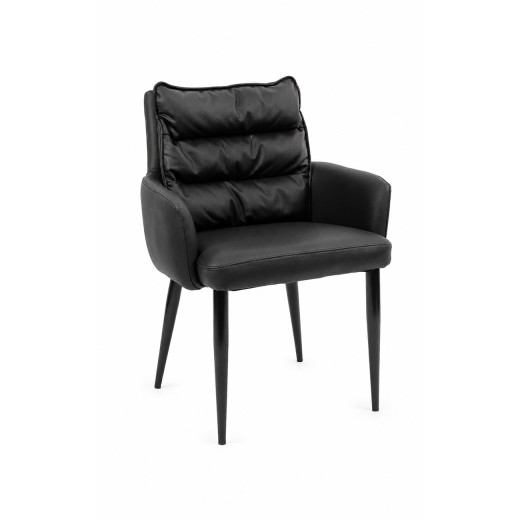 Mid-Century Modern Black Metal Frame Armchair with Cushioned Pillow Back for Indoor