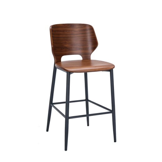 Contemporary Indoor Metal Barstool with Walnut Wood Veneer Shell & Footrest