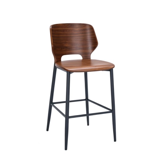 Contemporary Indoor Metal Barstool with Walnut Wood Veneer Shell & Footrest