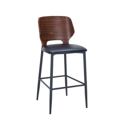 Contemporary Indoor Metal Barstool with Black Padded Vinyl and Walnut Veneer Back