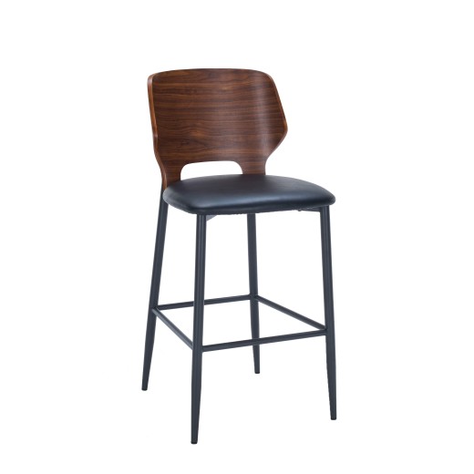 Contemporary Indoor Metal Barstool with Black Padded Vinyl and Walnut Veneer Back
