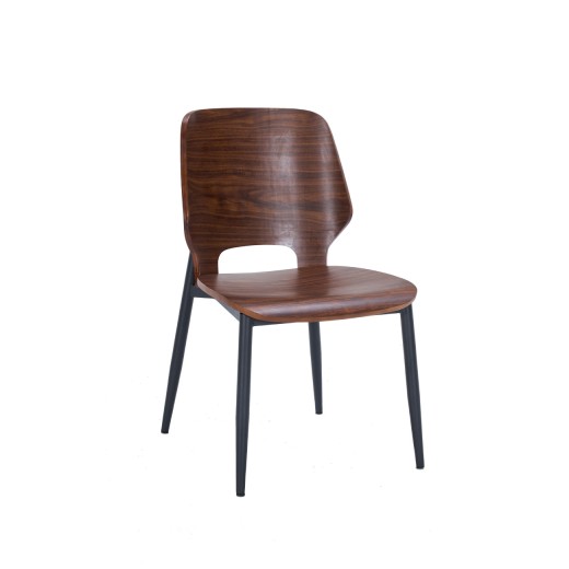 Contemporary Indoor Metal Side Chair with Walnut Wood Veneer Seat and Back