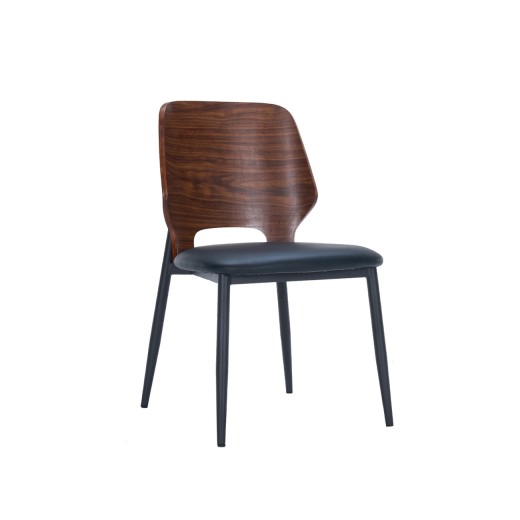 Contemporary Indoor Metal Side Chair with Black Padded Vinyl and Walnut Veneer Back