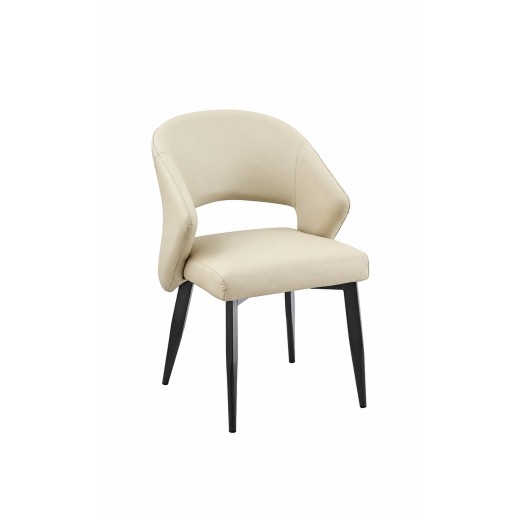 Sleek Indoor Black Metal Frame Armchair with Cream Padded Vinyl Upholstery