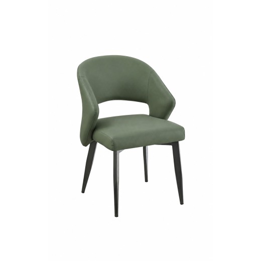 Sleek Indoor Black Metal Frame Armchair with Green Padded Vinyl Upholstery