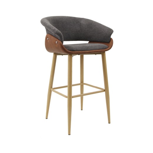Indoor Gray & Brown Upholstered Arm Barstool with Natural Metal Frame