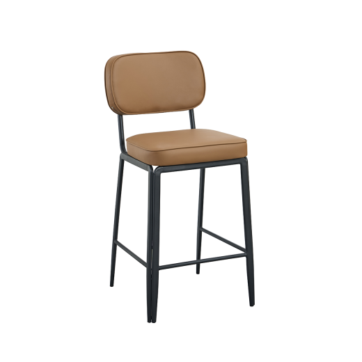 Contemporary Cognac Brown Upholstered Indoor Barstool with Black Metal Frame