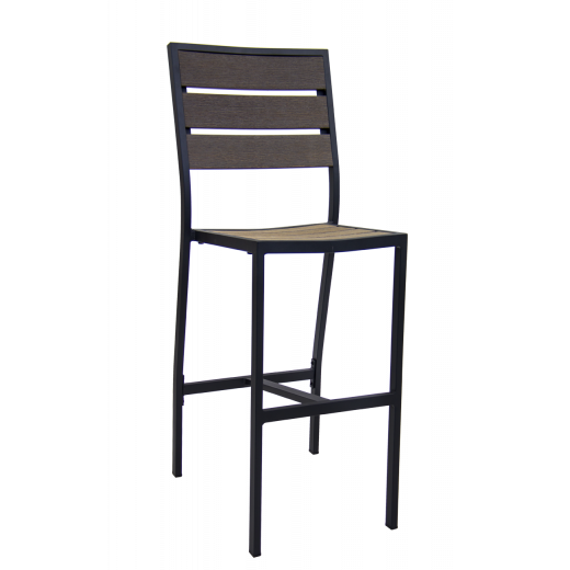 Aluminum Outdoor Barstool w/ Dark Brown Finish Imitation Teak Slats Back & Seat 