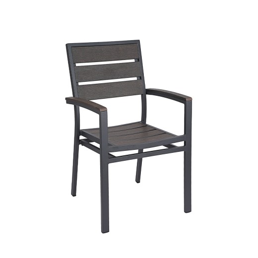Aluminum Outdoor Armchair w/ Dark Brown Finish Imitation Teak Slats Back & Seat 
