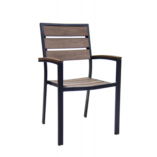 Aluminum Outdoor Black Armchair w/Imitation Teak Slats Seat and Back