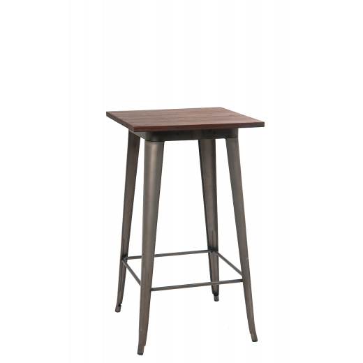  24"x 24"  Indoor Bar Height Walnut Finish Elmwood Top Bar Table w/ Metal Base