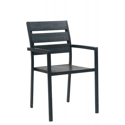 Outdoor Metal Armchair w/Imitation Teak Slats in Black