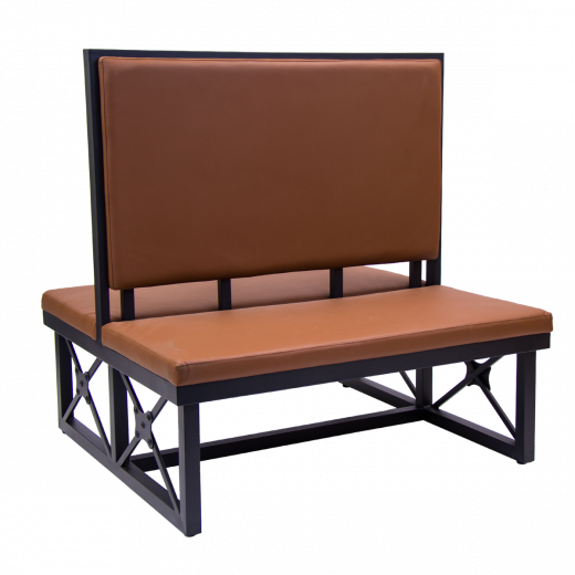 Last Piece - 46"H, Modern Black Metal Frame Double Booth w/Brown Vinyl Back & Seat