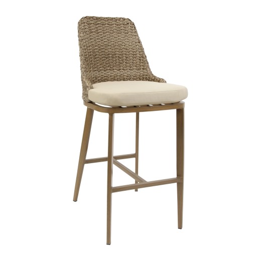 Aluminum Barstool In Wood Grain Finish with Wicker Woven Back &  Ivory Cushioned Seat, Outdoor Use