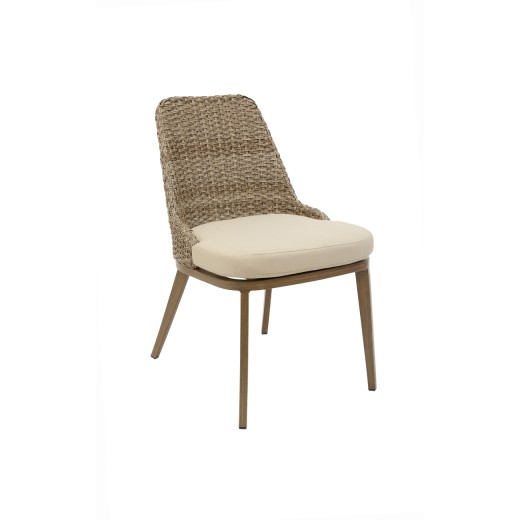 Aluminum Chair In Wood Grain Finish with Wicker Woven Back &  Ivory Cushioned Seat, Outdoor Use