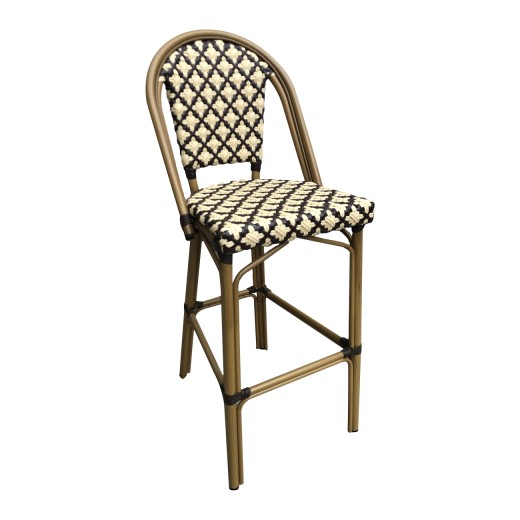 Outdoor Aluminum  Armless Barstool with Brown & Cream Bamboo Print Patterned Seat & Back