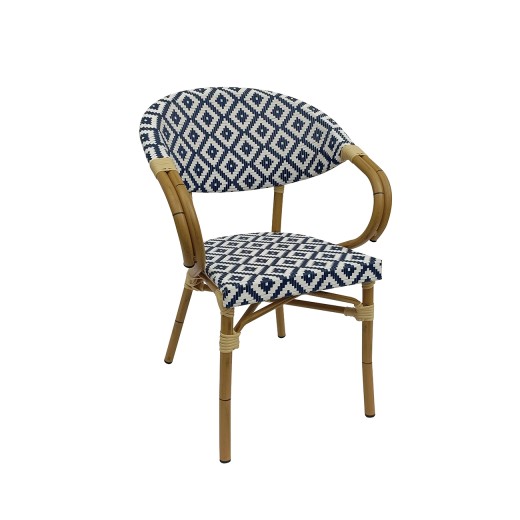 Indoor/Outdoor Navy Blue & White Diamond Pattern Poly Woven Aluminum French Bistro Armchair