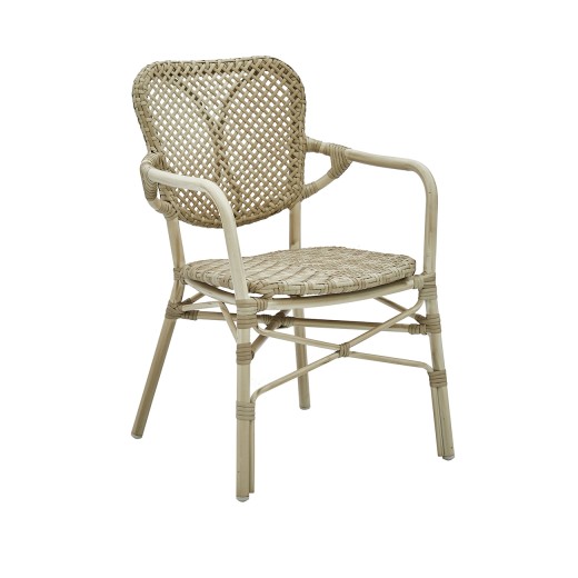 Indoor/Outdoor Natural Beige Open-Lattice Poly Woven Aluminum French Bistro Armchair