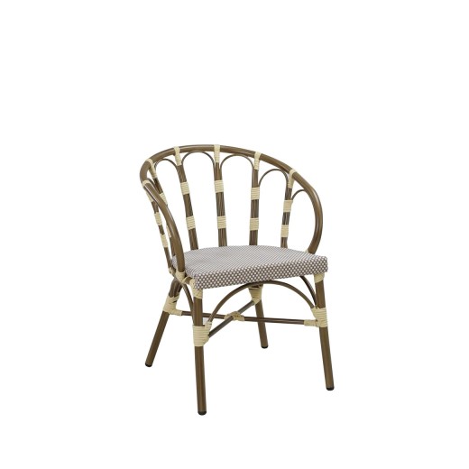 Walnut Aluminum Rattan-Style Arm Chair with Poly Woven Seat and Curved Backrest for Indoor/Outdoor