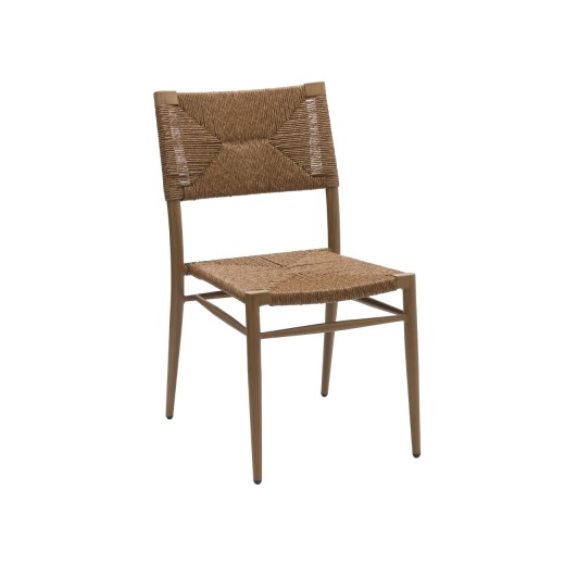 Outdoor Aluminum Dining Chair with Woven Terylene Seat and Back in Wood-Look Finish