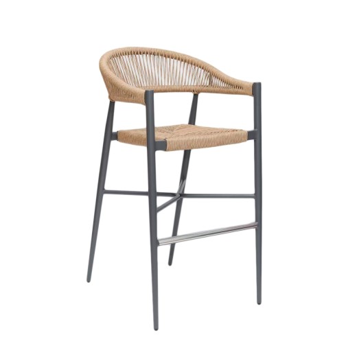 Patio Dark Gray Aluminum Armed Barstool with Natural Terylene Fabric Seat & Back 