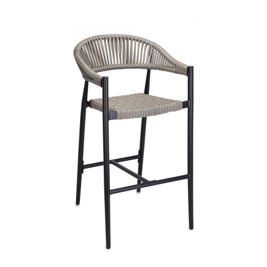 Patio Black Aluminum Armed Barstool with Light GrayPoly Woven Seat & Back 