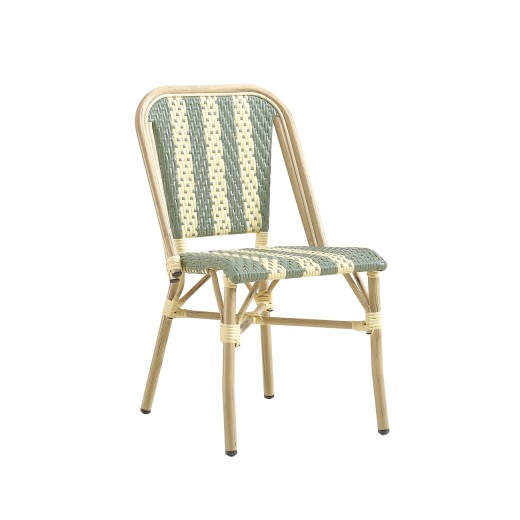 Patio Bistro Chair with Natural Bamboo-Style Aluminum Frame and Sage Green Poly Woven Seat and Back