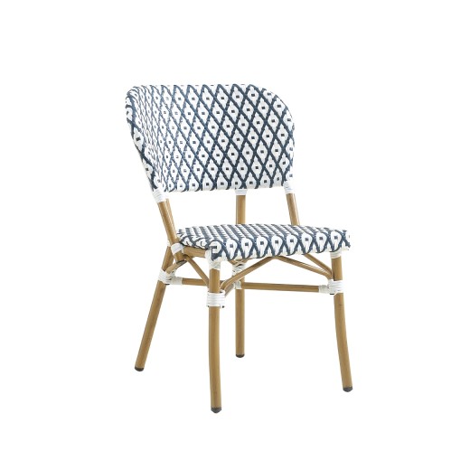 Patio Bistro Chair with Natural Bamboo-Style Aluminum Frame and Navy Blue Poly Woven Seat and Back