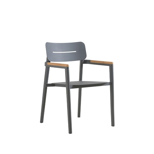Patio Dining Arm Chair with Dark Gray Aluminum Construction and Teak Wood Accented Arms