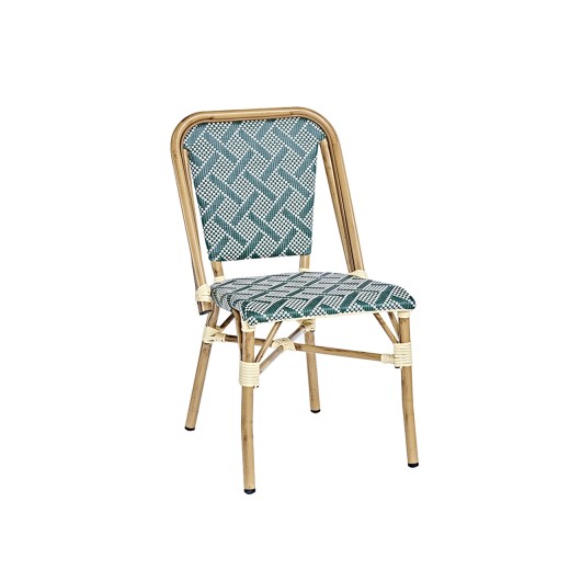 Indoor/Outdoor Natural Bamboo-Look Aluminum Bistro Dining Chair with Teal Weaving