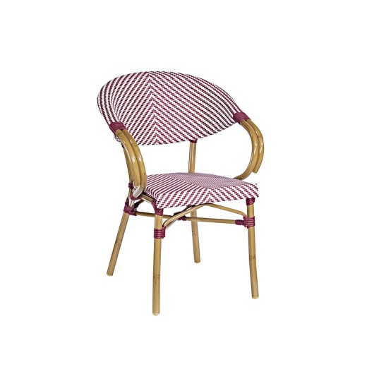 Indoor/Outdoor Burgundy & White Chevron Poly Woven Aluminum French Bistro Arm Chair